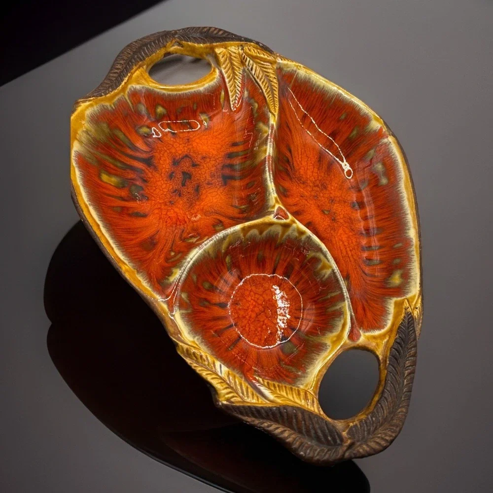 Vintage MCM Glazed Divided Pottery Platter Chip Dip Orange & Brown Centerpiece